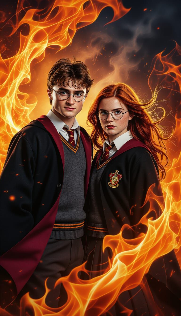 Fiery Embrace: Harry Potter and Ginny Weasley in Flames
