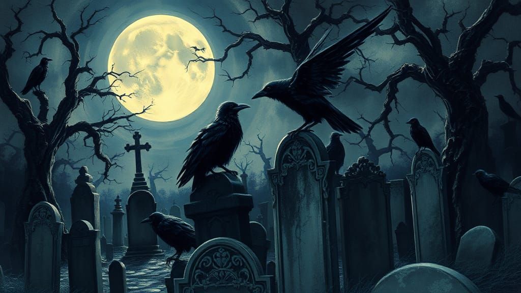 Ravens in Graveyard, Impasto Palette Knife Heavy Metal Style