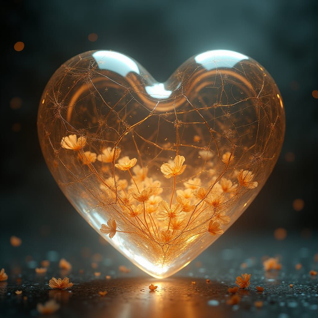 Glass Heart Mended with Gold Threads, Fantasy Art