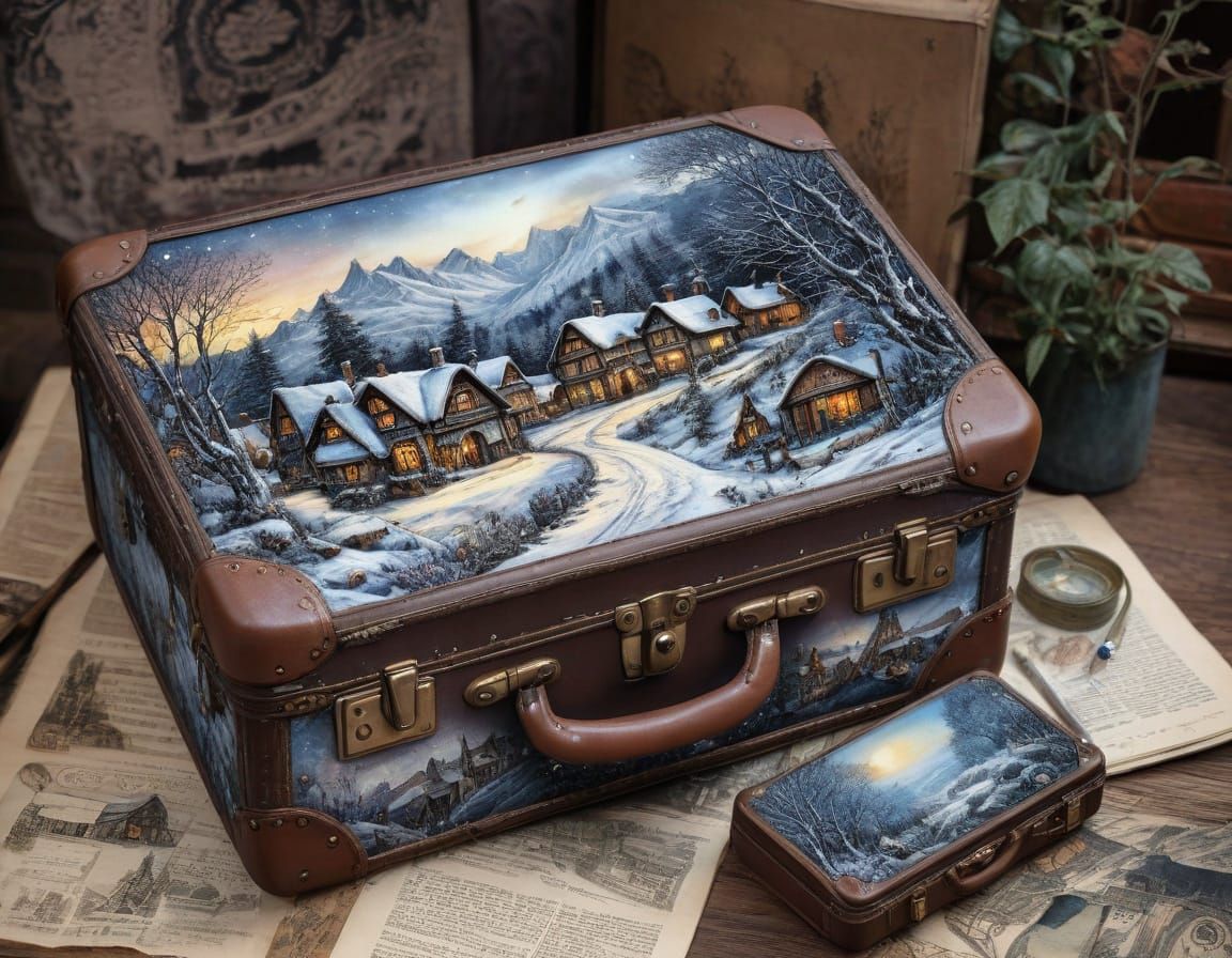 Snowy Village Inside Suitcase, Watercolor and Ink