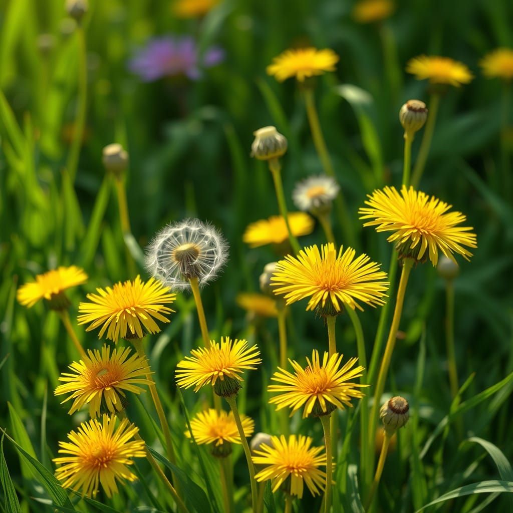 Vibrant Dandelions in Lush Green Meadow, 3D Anime Art