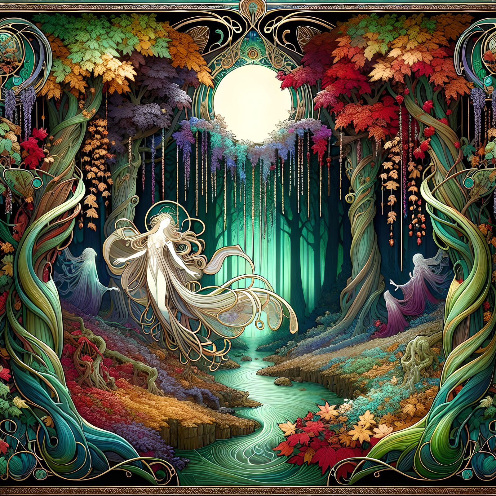 Enchanted Autumn Forest in Art Nouveau Style