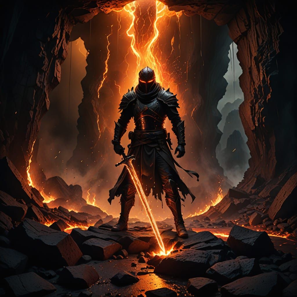Erupting Lava Sword in Dark Fantasy Cavern
