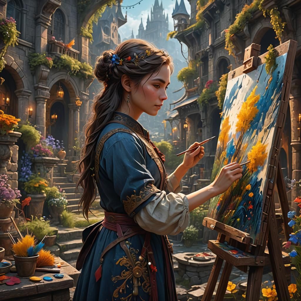 Woman Painting a Detailed Matte Picture