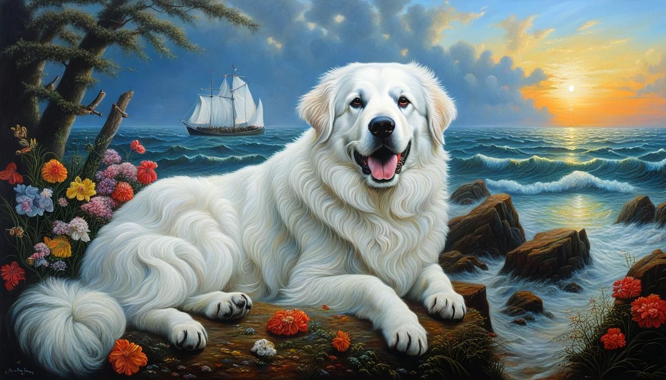 Great Pyrenees Dog on the Ocean, Romantic Style