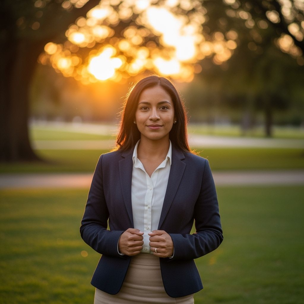 Radiant Woman in Park at Sunset: Realistic Portrait