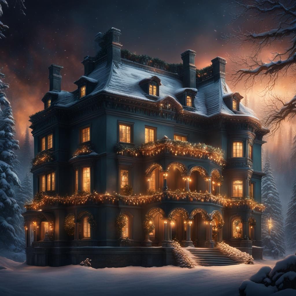 Christmas at a Forgotten Mansion: Realistic Digital Painting