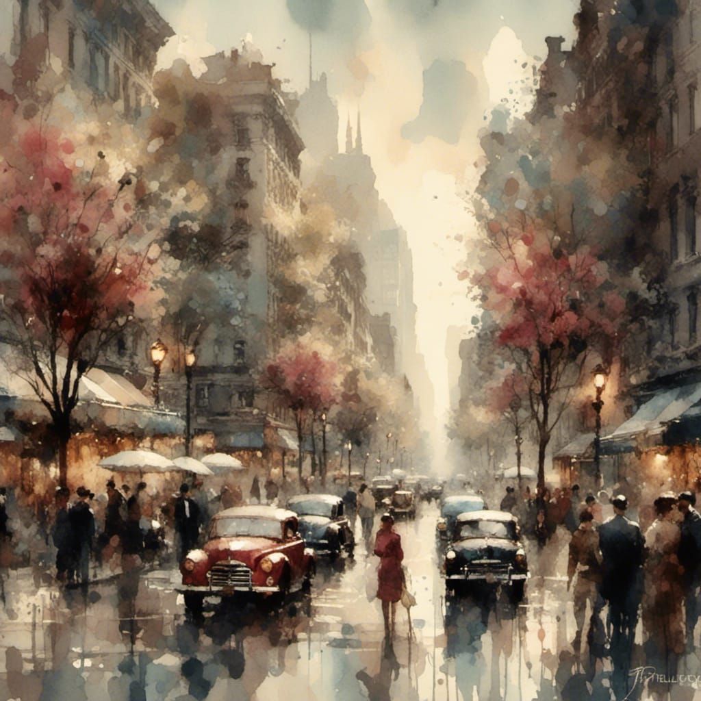 1950s Impressionistic NYC Street Scene, Ink Watercolor