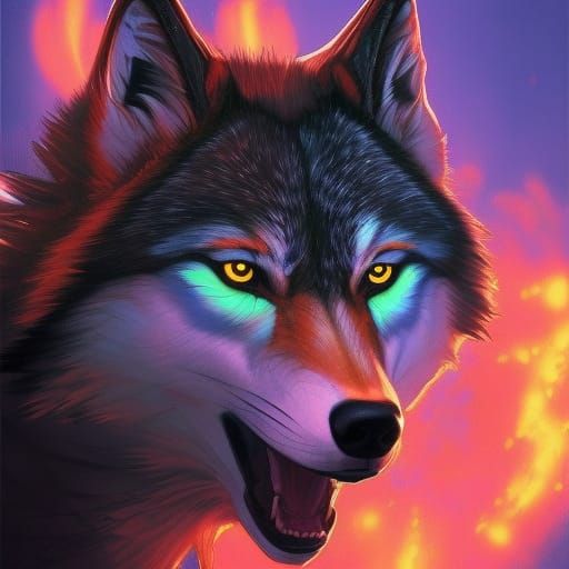 Neon Ember Wolf Portrait in Hyperdetailed Style