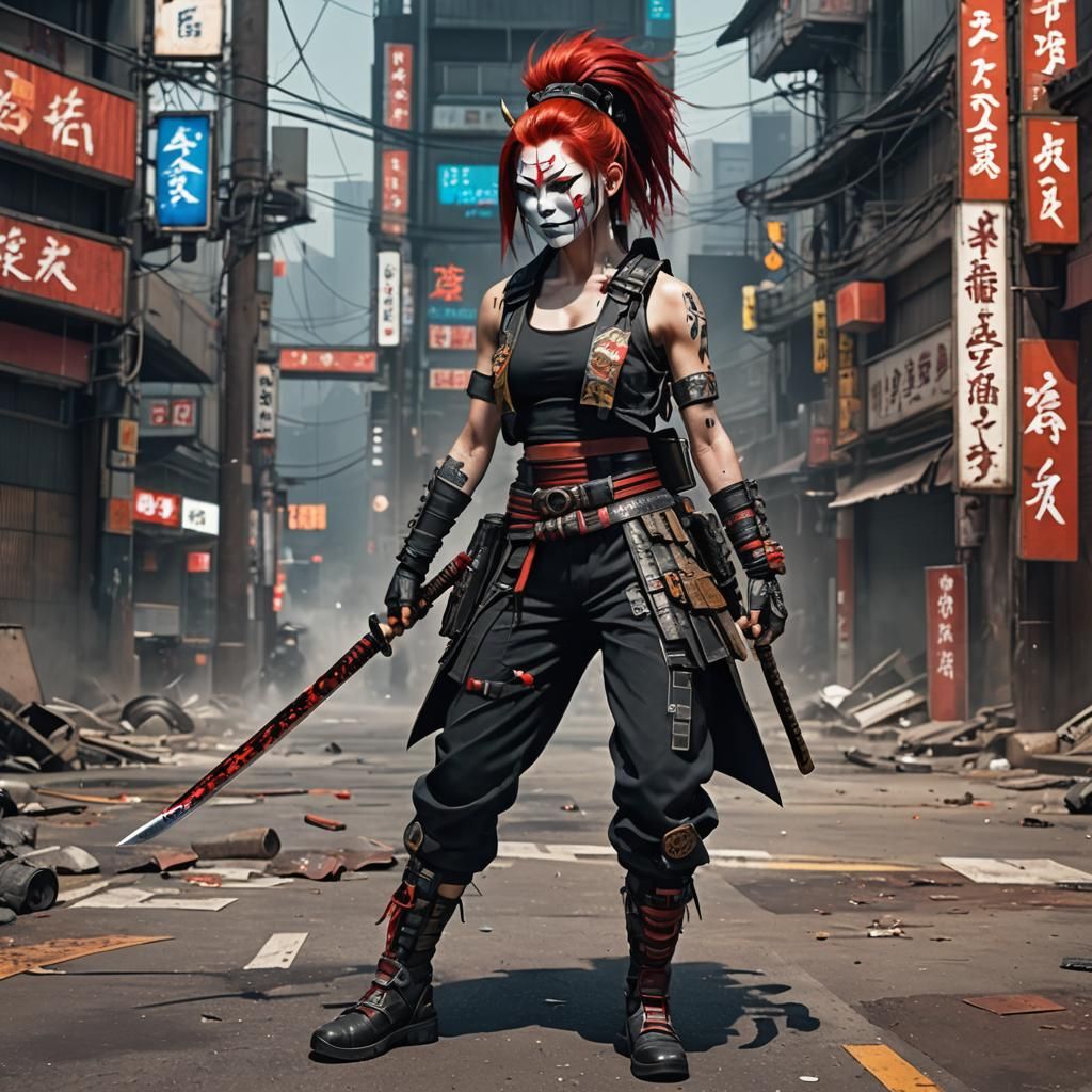 Cyberpunk Street Samurai with Katana and Kabuki Mask