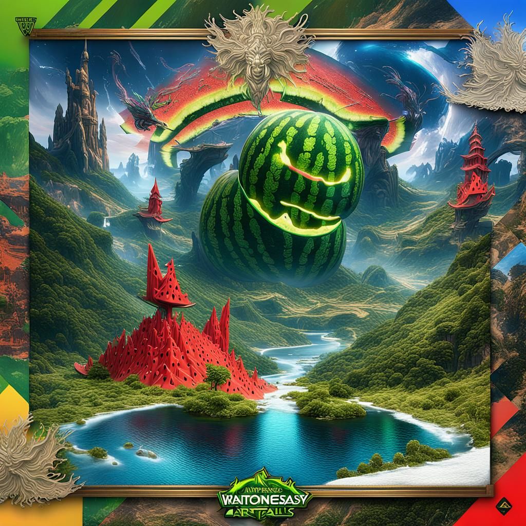 Anime Girl in Watermelon Dimension: Detailed Matte Painting