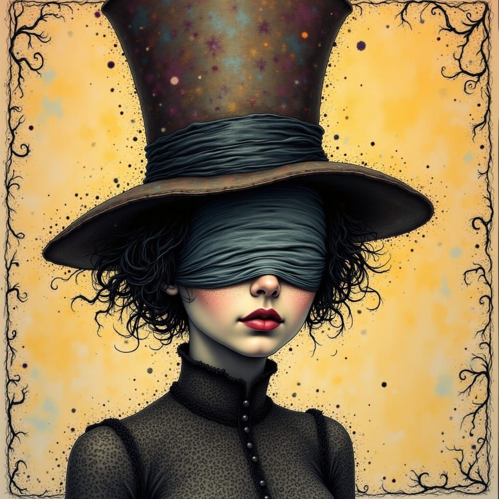 Whimsical Woman in Velvet Top Hat, Eyes Covered in Playful M...