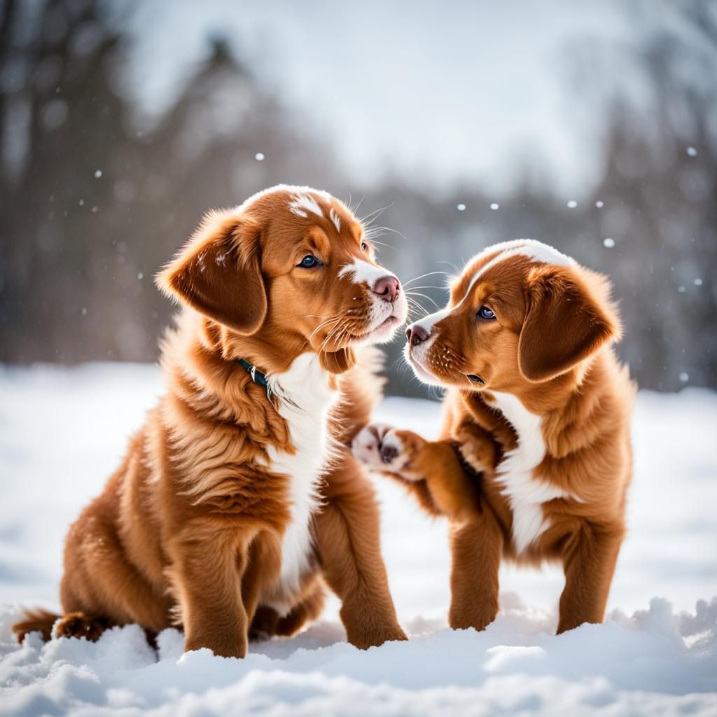Nova Scotia Duck Tolling Retriever Puppies Playing in Snow