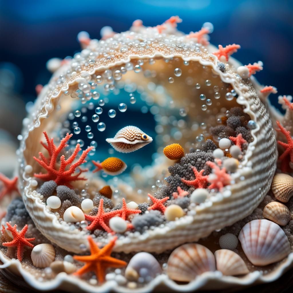 Knitted Art: Tiny Fish in Seashell with Wool Coral