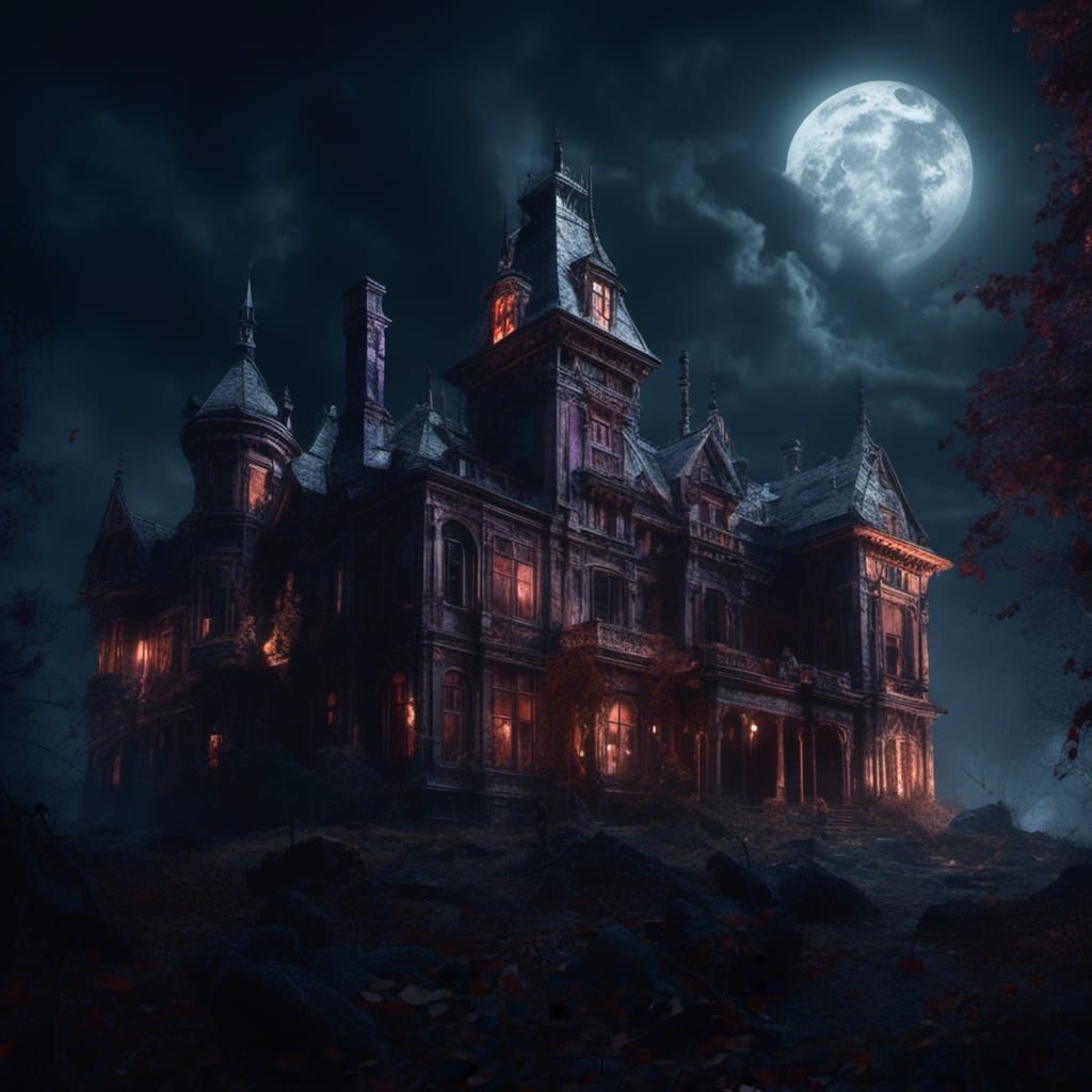 Haunted Edwardian Castle Under Moonlight, Dark Fantasy Art