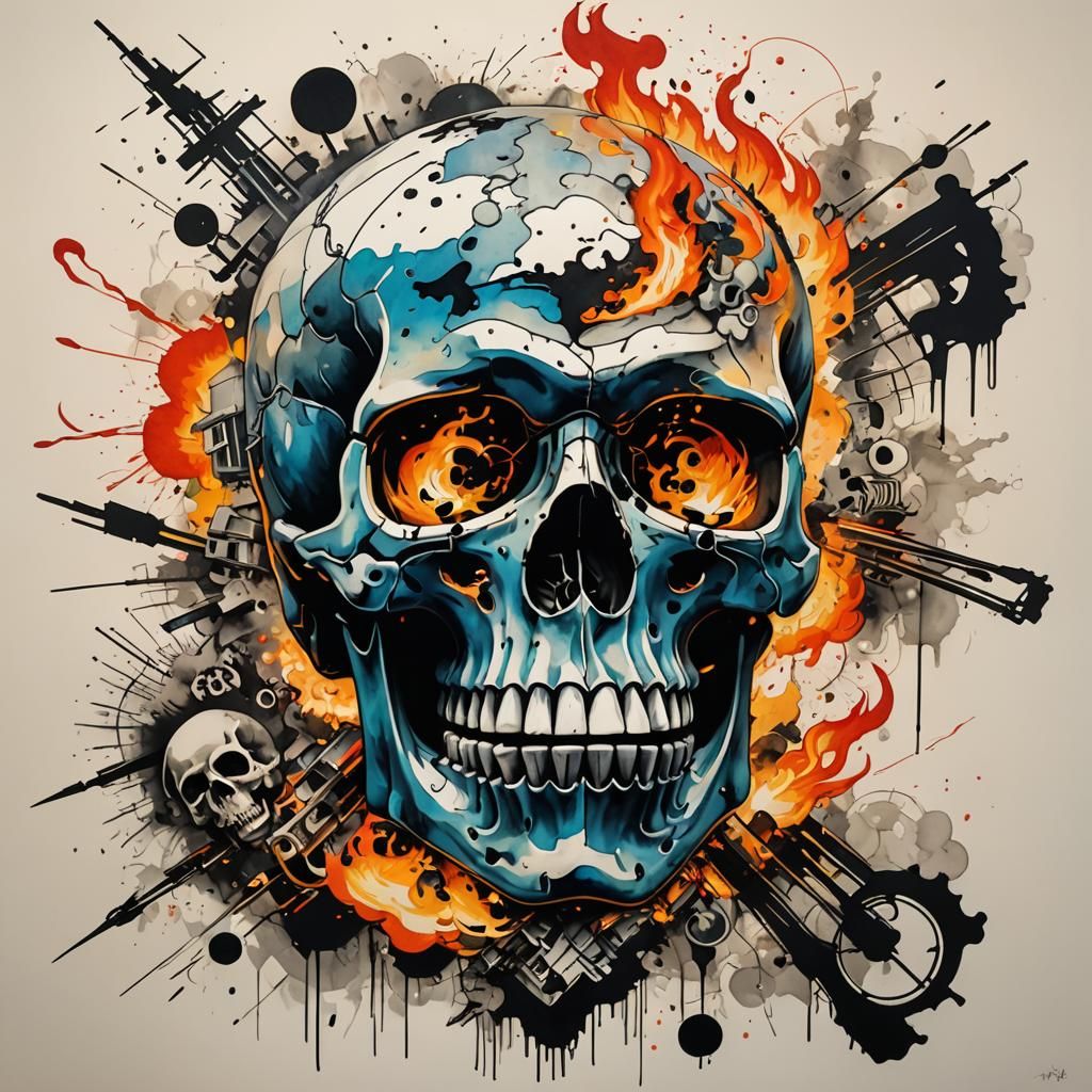 Skull Anarchy Double Exposure: 3D Metal Ink Art