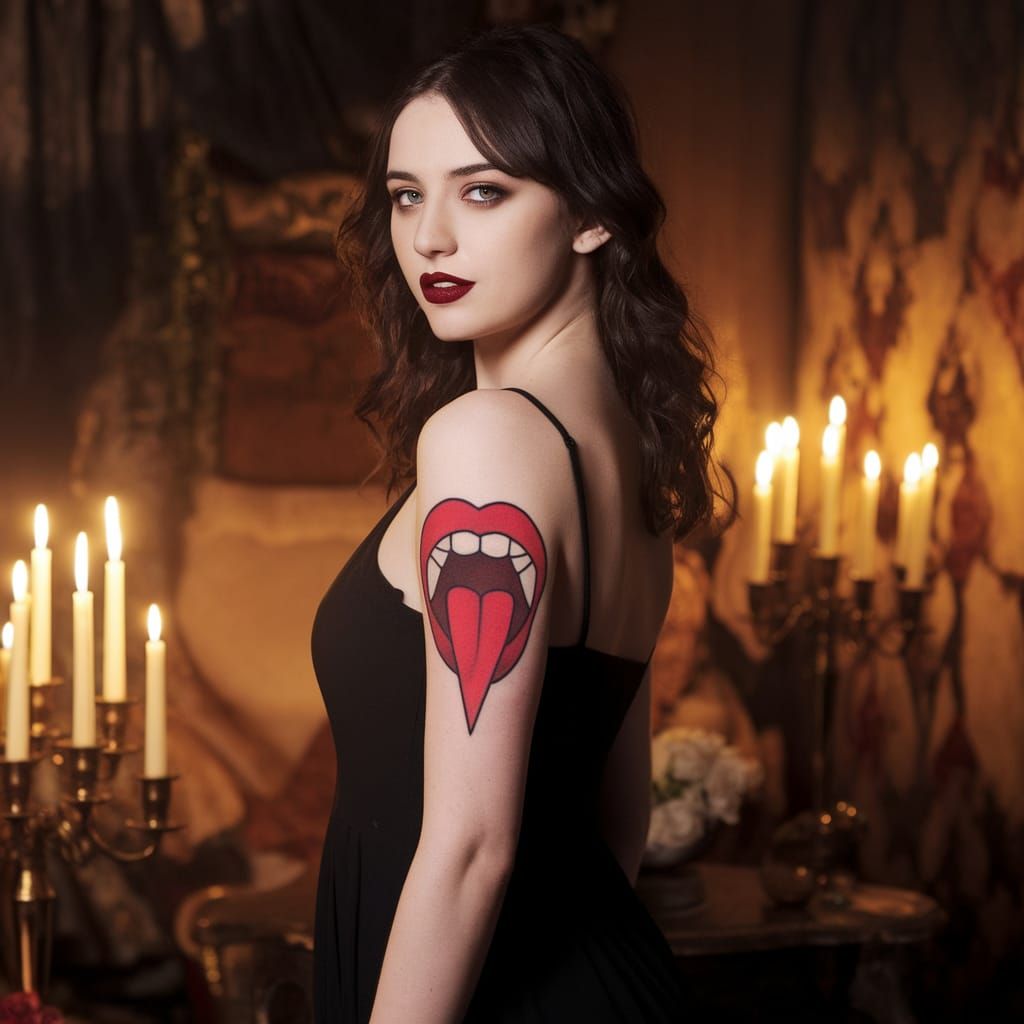 Confident Young Woman with Bold Vampire Lips Tattoo in Cozy ...