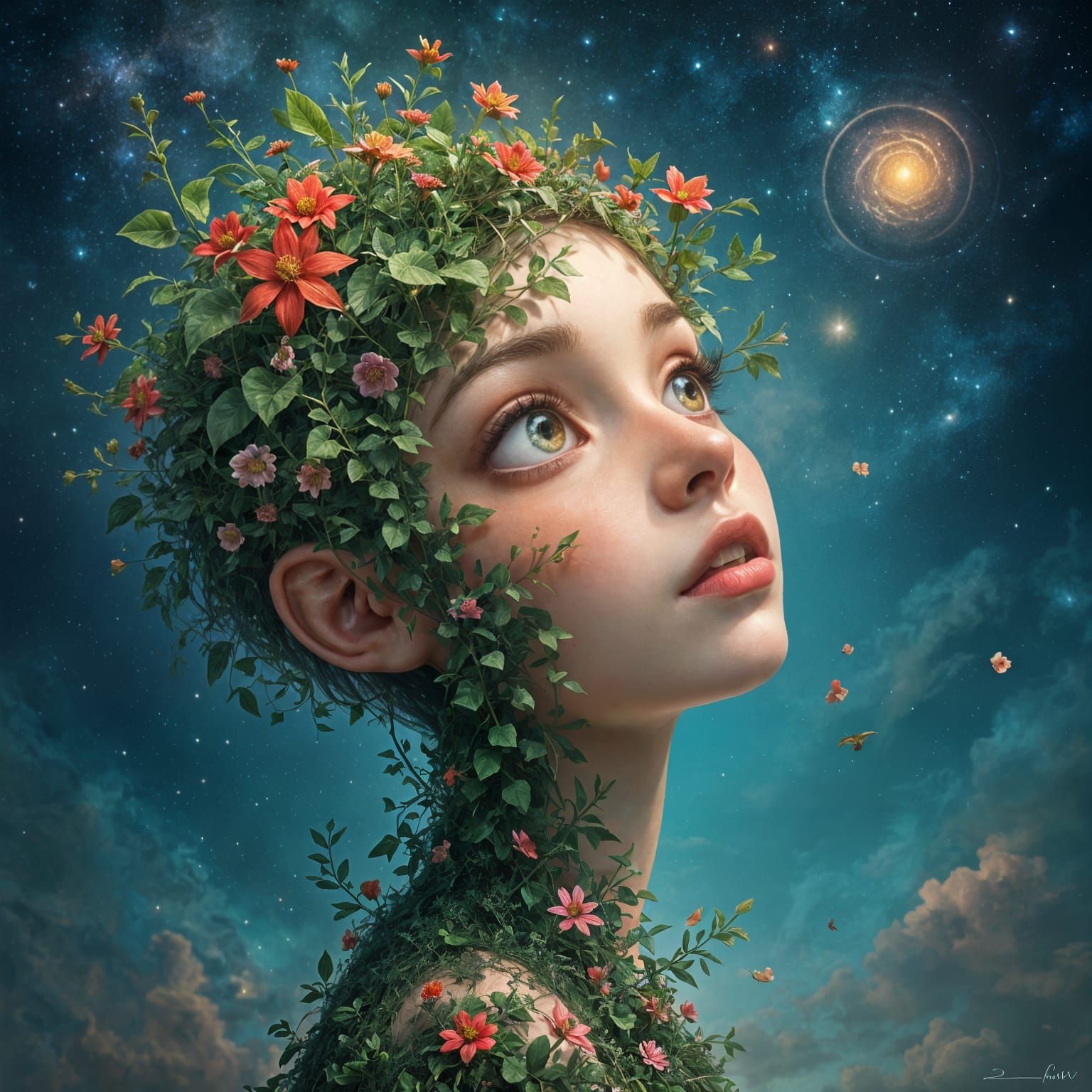 Surreal Portrait of a Cosmic Goddess with a Floral Skin