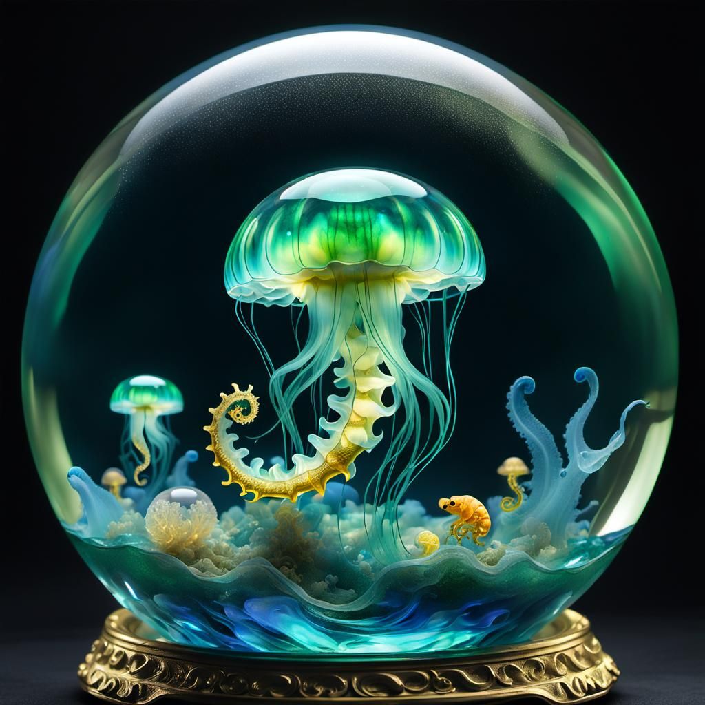 Luminescent Jellyfish in Crystal Ball with Seahorse