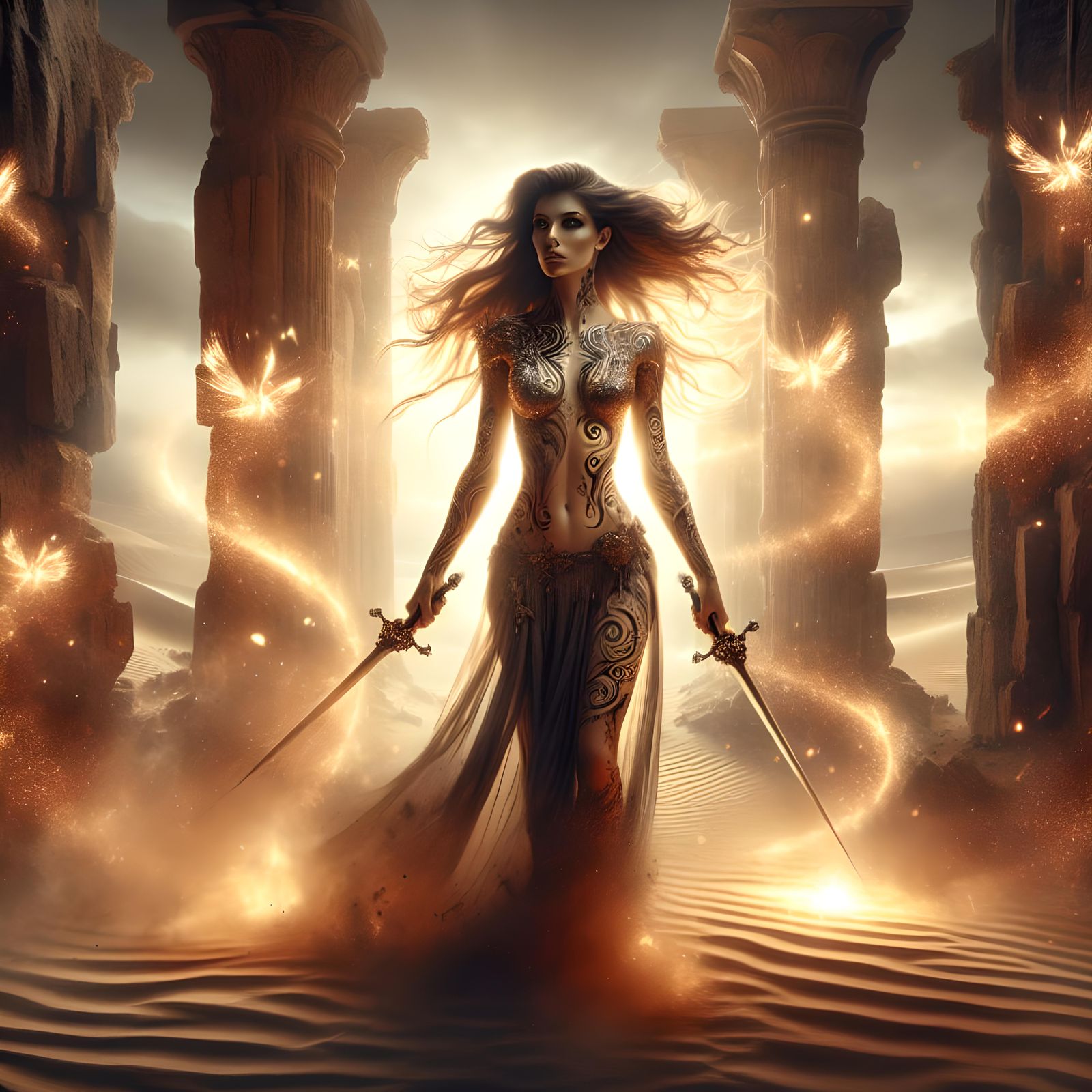 Powerful Woman with Swords in Ancient Ruins
