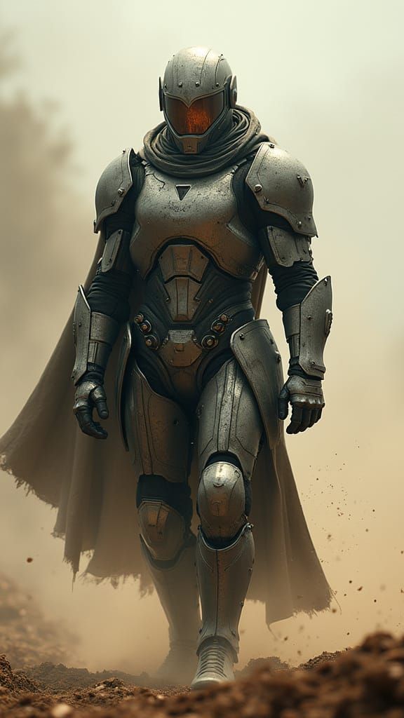 Futuristic Armored Soldier on Misty Battlefield