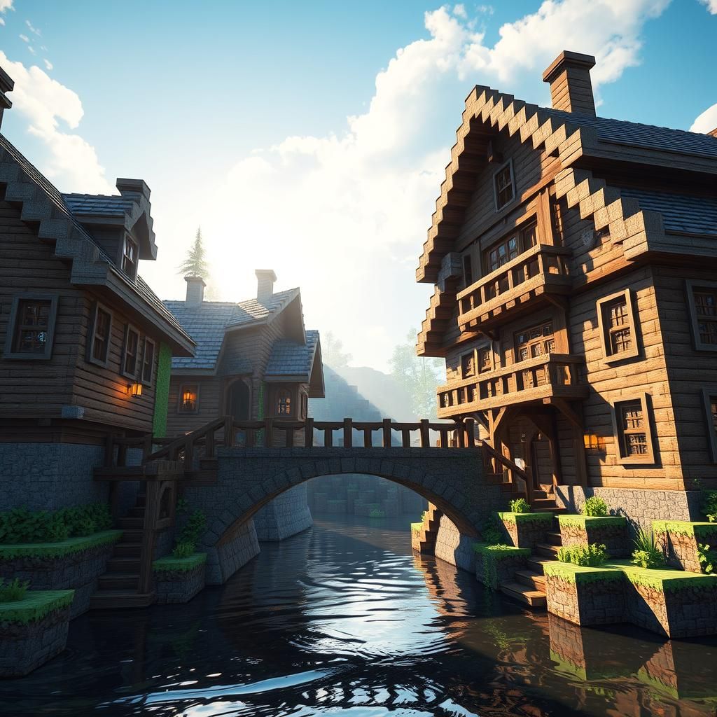 Minecraft Bridge Between Houses in 3D Game Style