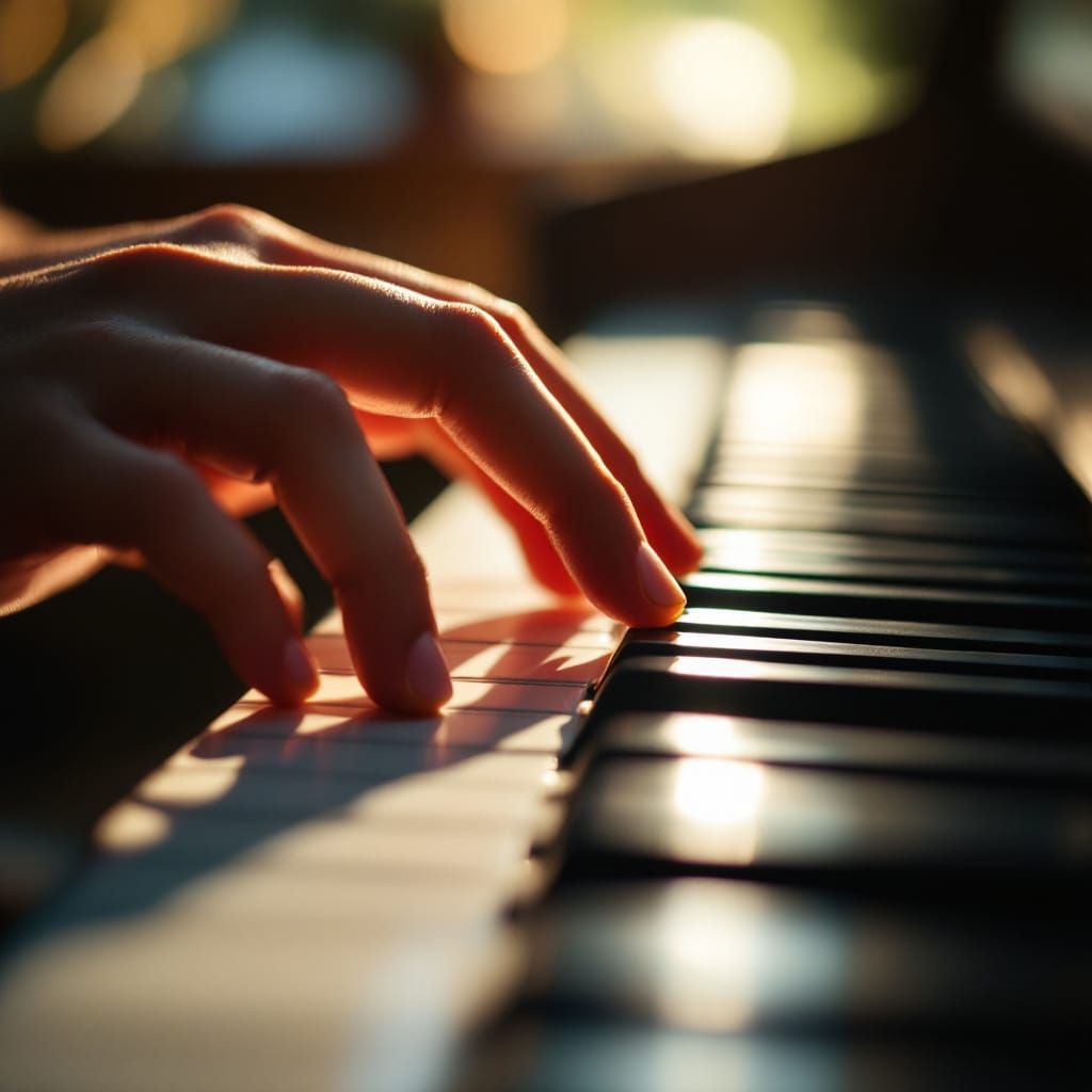 Close-Up Piano Keys Played by Hand in Natural Light
