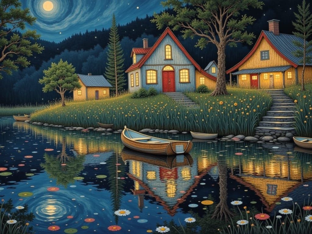 Midsummer Night's Serenity in Swedish Lake Landscape, in Art...