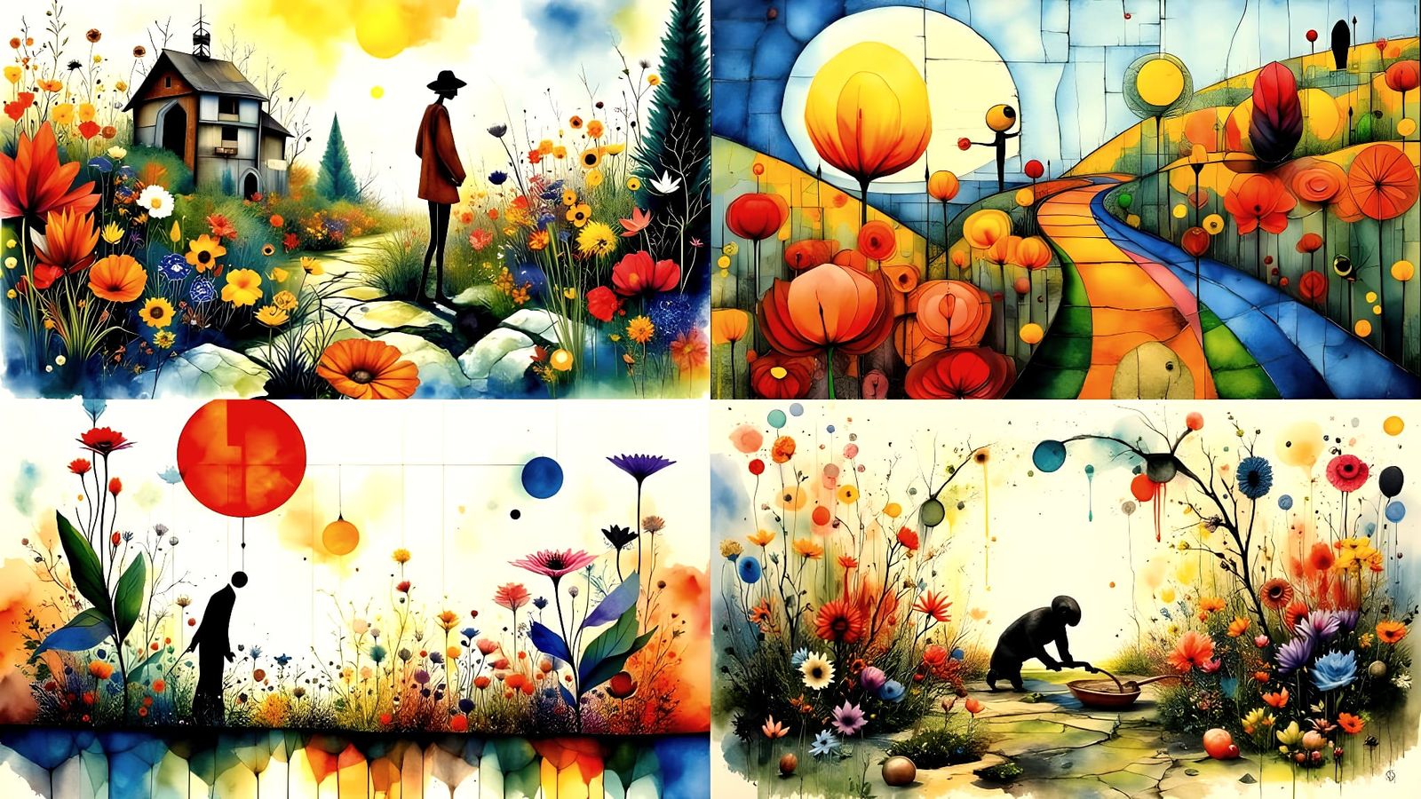 Abstract Garden by Lonely Figure in Cubist Style