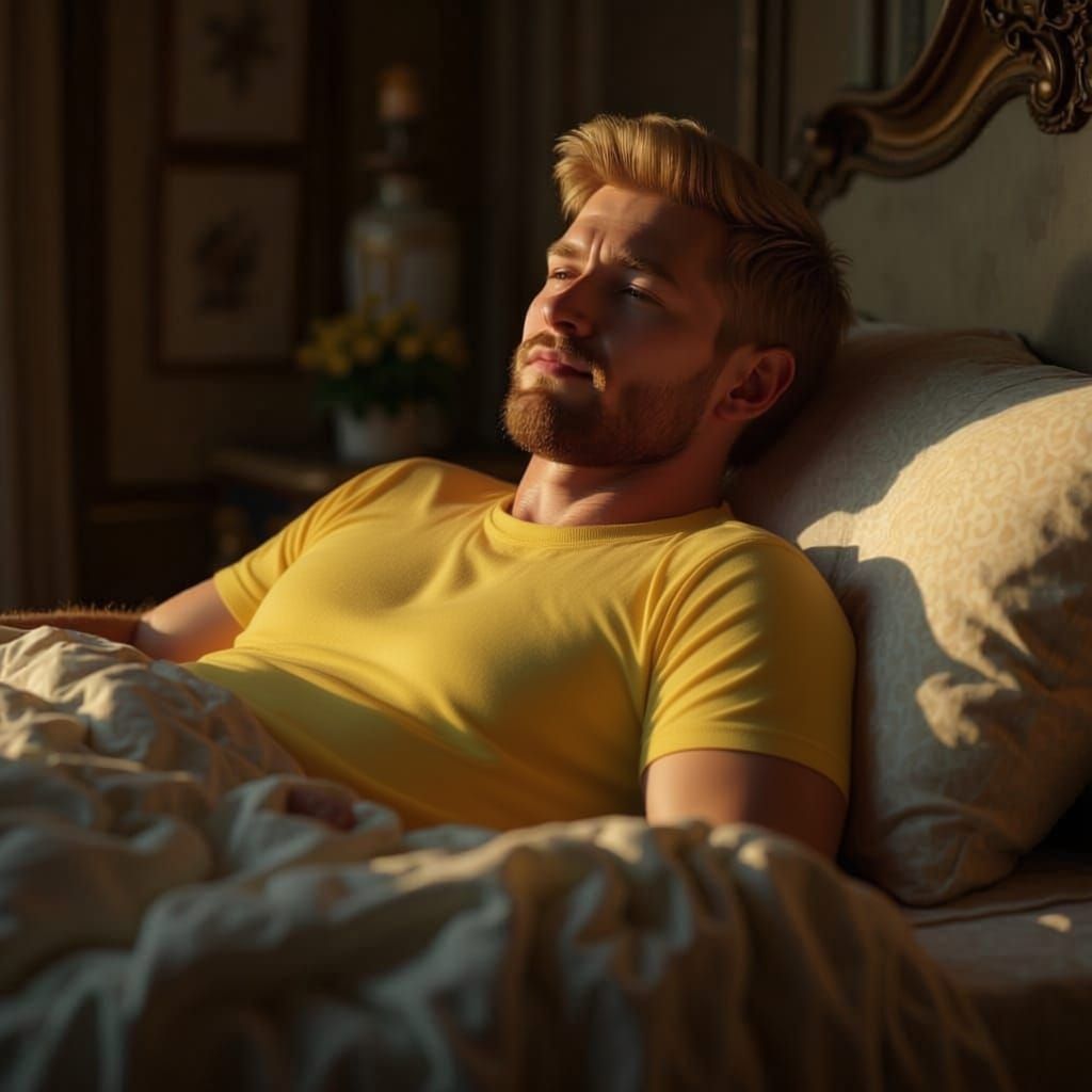 Content Man Resting Comfortably in Well Appointed Bed