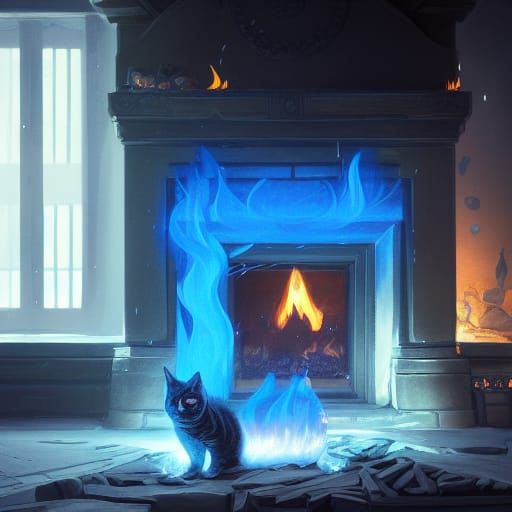Chibi Cat Sleeps Before Blue Fireplace