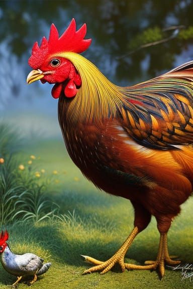 Detailed Rooster, Chicken, and Chicks Illustration