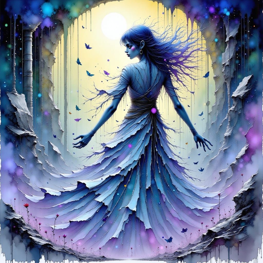 Female Elf Arcanist with Floating Runes in Ink Style