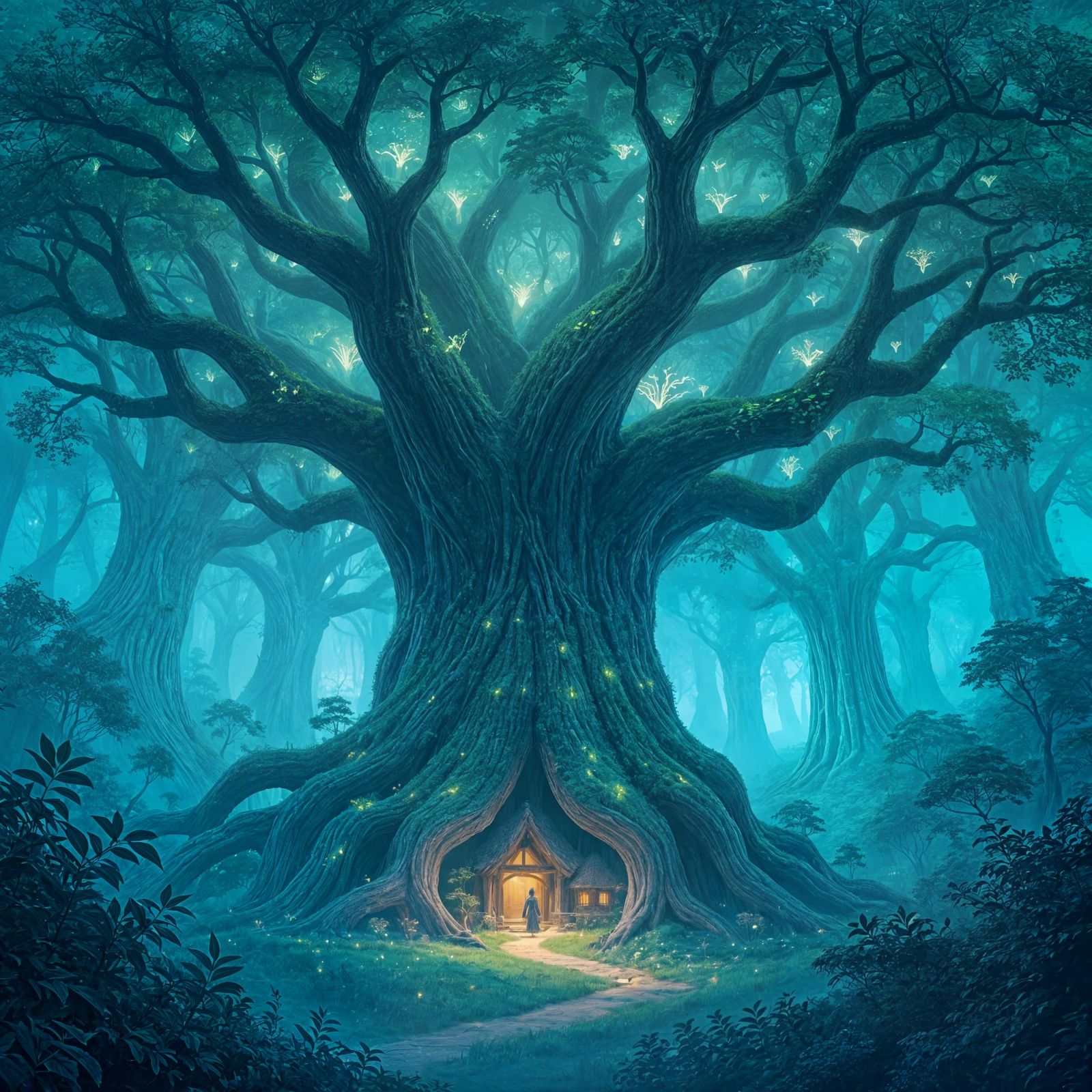 Ancient Forest with Elven Settlement in Ethereal Fantasy Sty...
