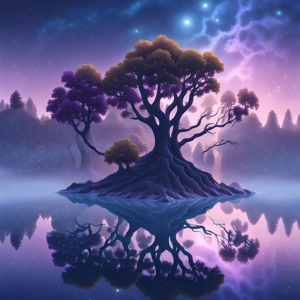 Starry Lake Reflection in Fantasy Matte Painting