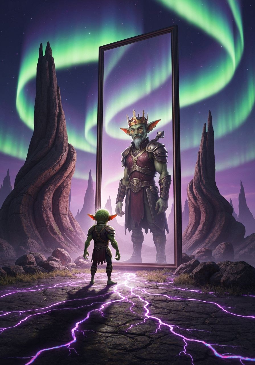 Colossal Mirror Between Basalt Spires with Goblin King