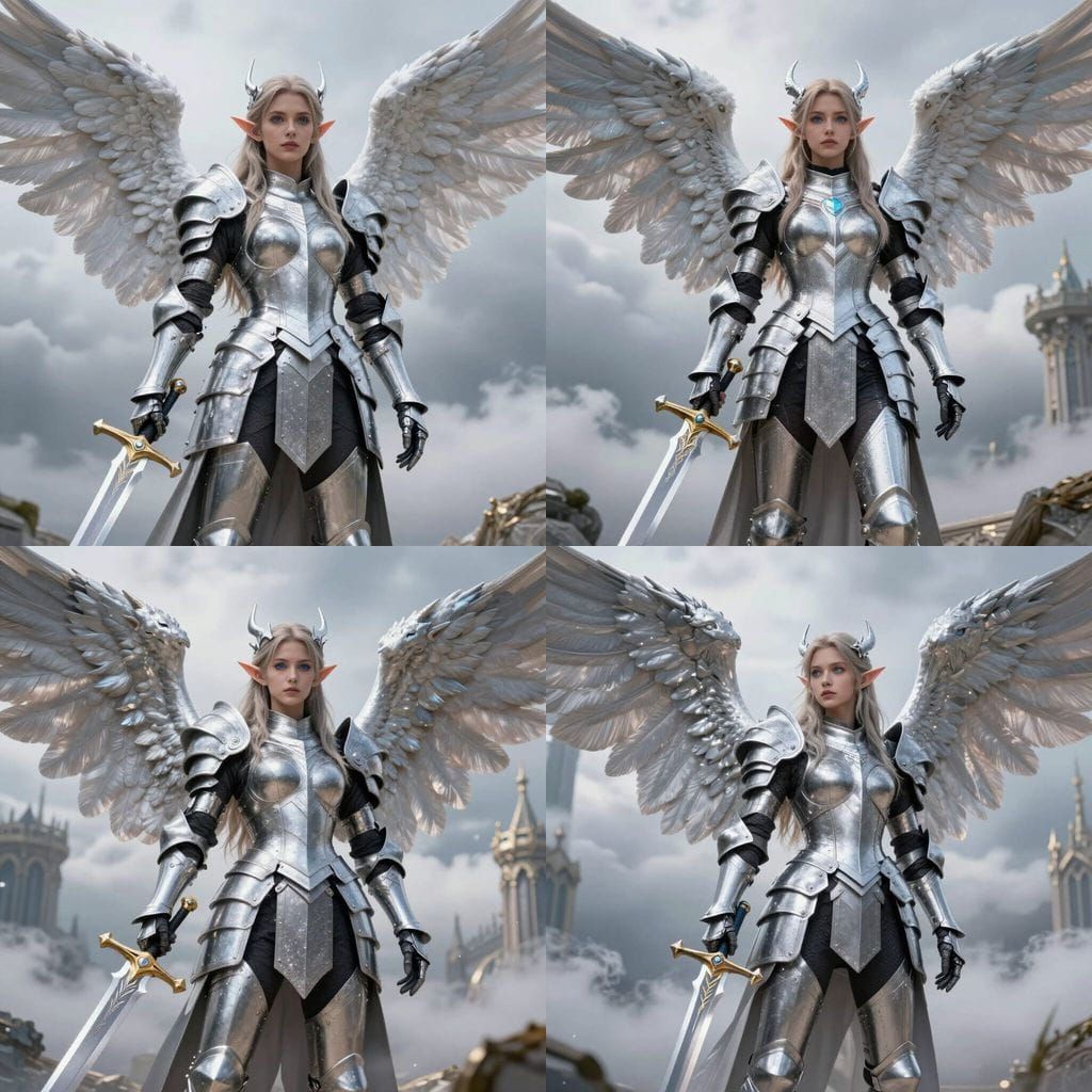 Paladin Warrior with Angel and Dragon Wings in Silver Armor