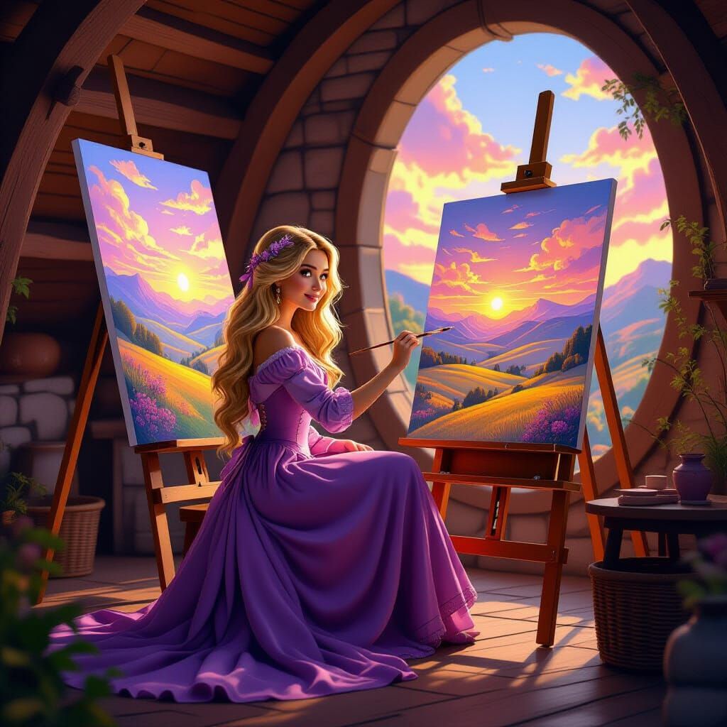 Rapunzel Painting a Landscape in Cozy Tower Room