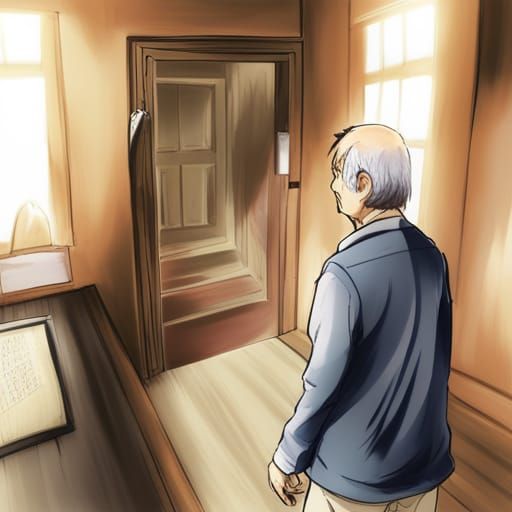 Old Man Enters Room in Anime Style