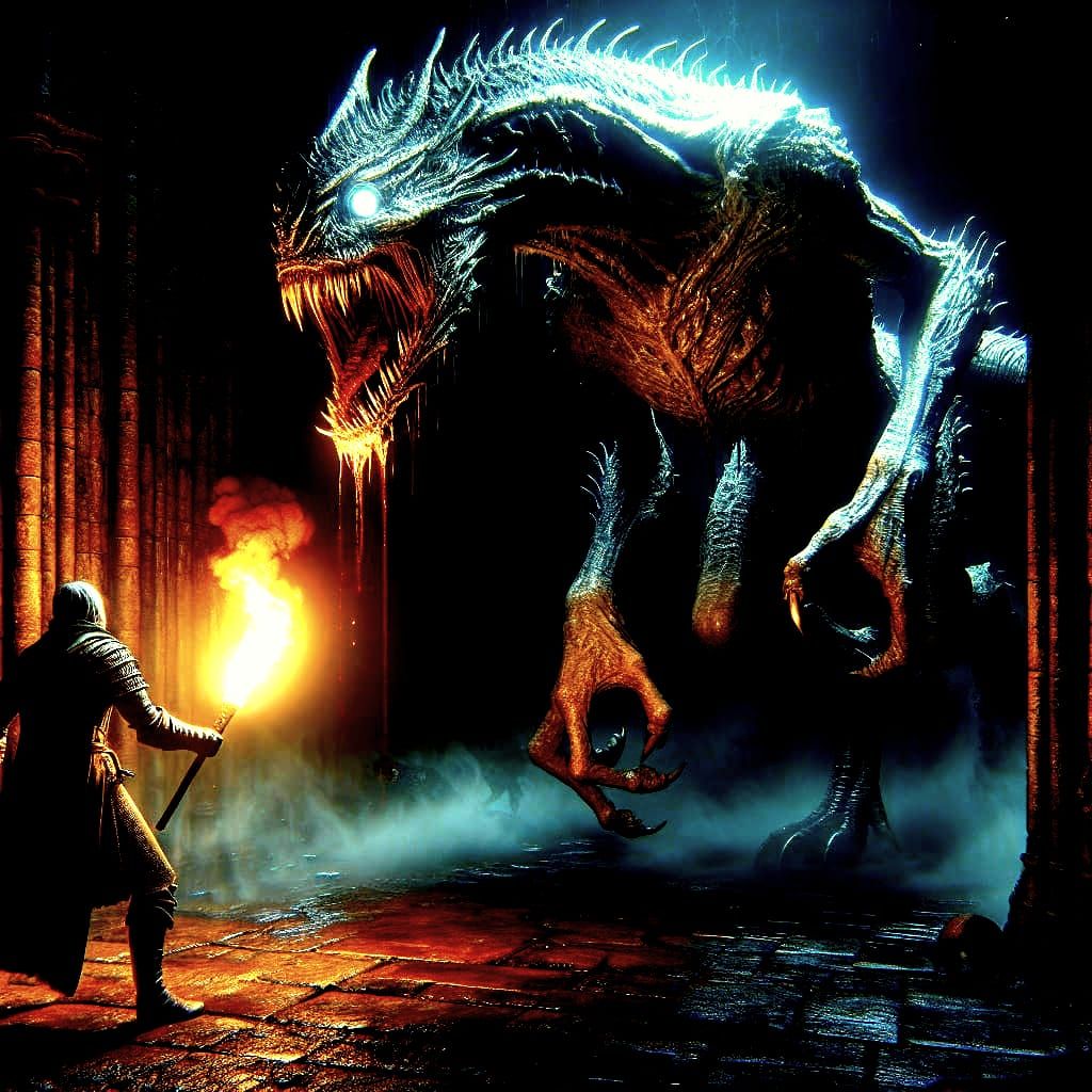 Knight's Discovery: Anomalous Dragon in Dark Fantasy Castle