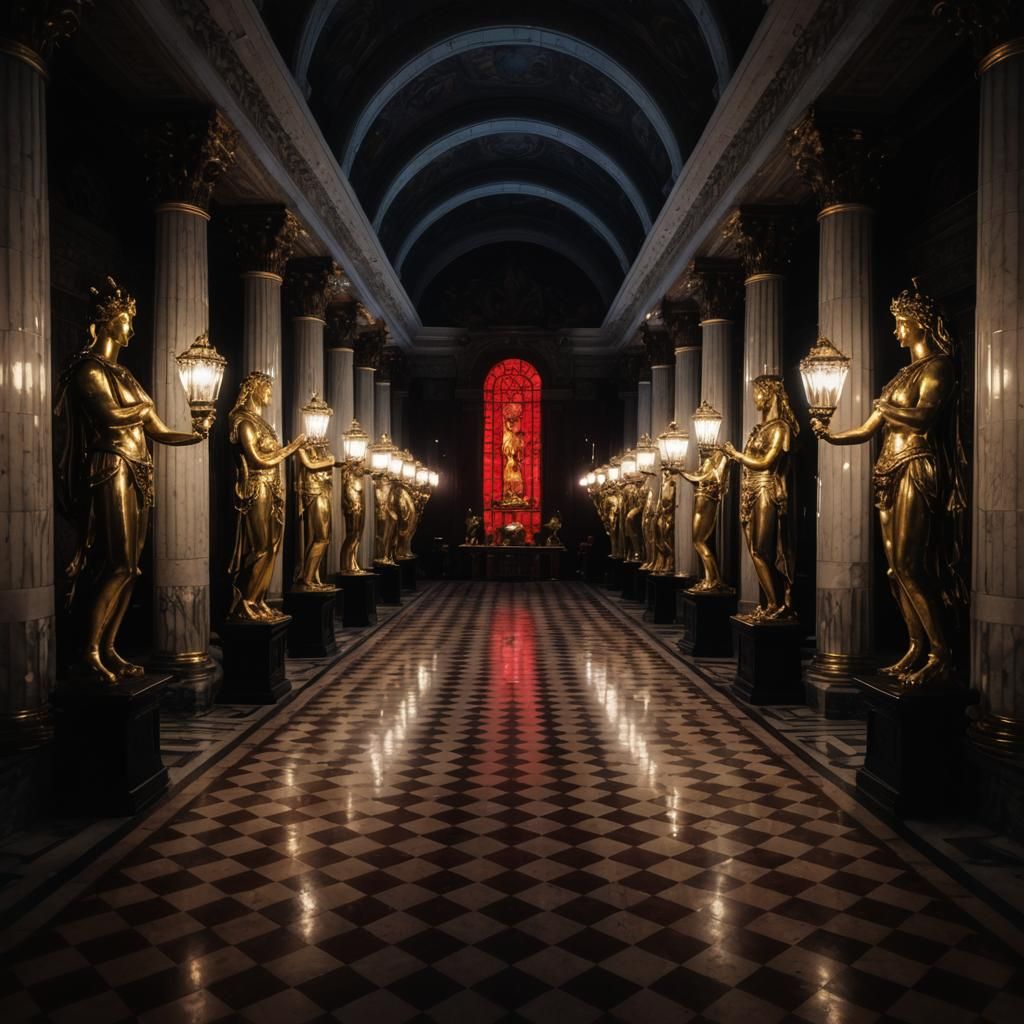 Grand Roman Imperial Palace Ballroom with Bronze Statues