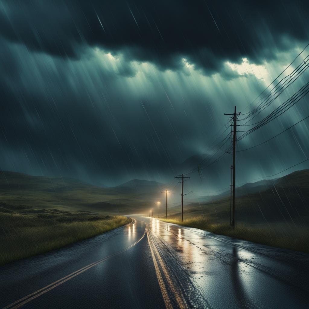Dramatic Night Road Under Stormy Sky