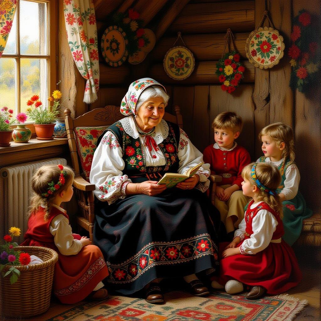 Ukrainian Grandmother Telling Tales in Classic Realism Style