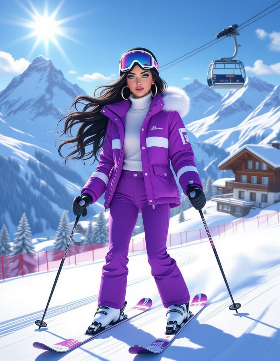 Woman Skis Swiss Alps in Hyper-Detailed 3D Illustration