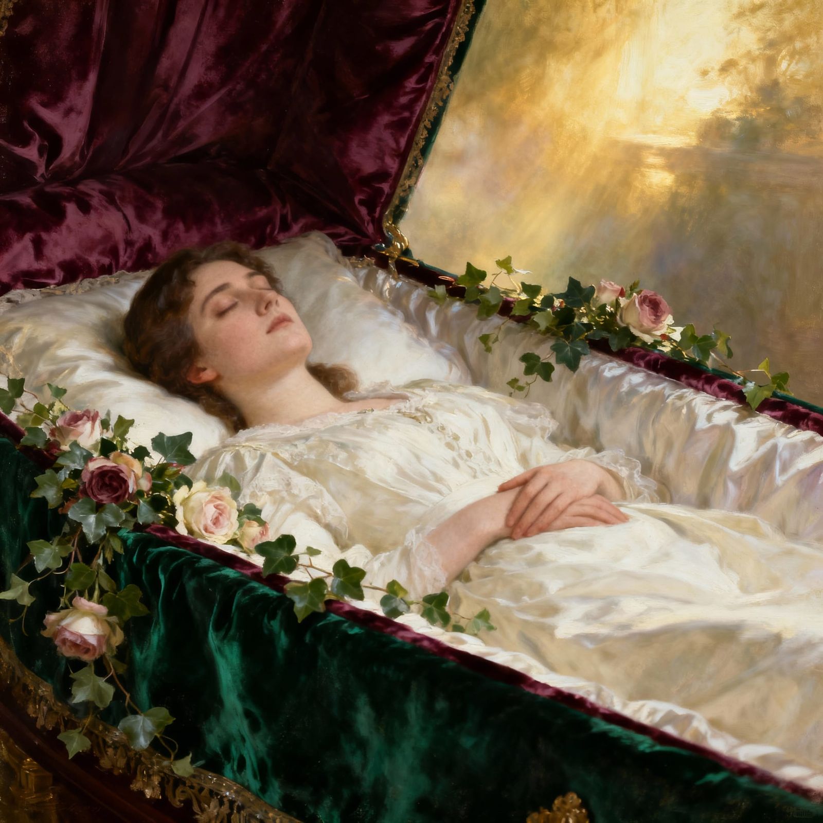Woman Resting Peacefully in Ornate Coffin