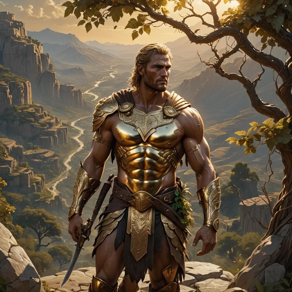 Golden Grecian God Overlooking Valley in Digital Art