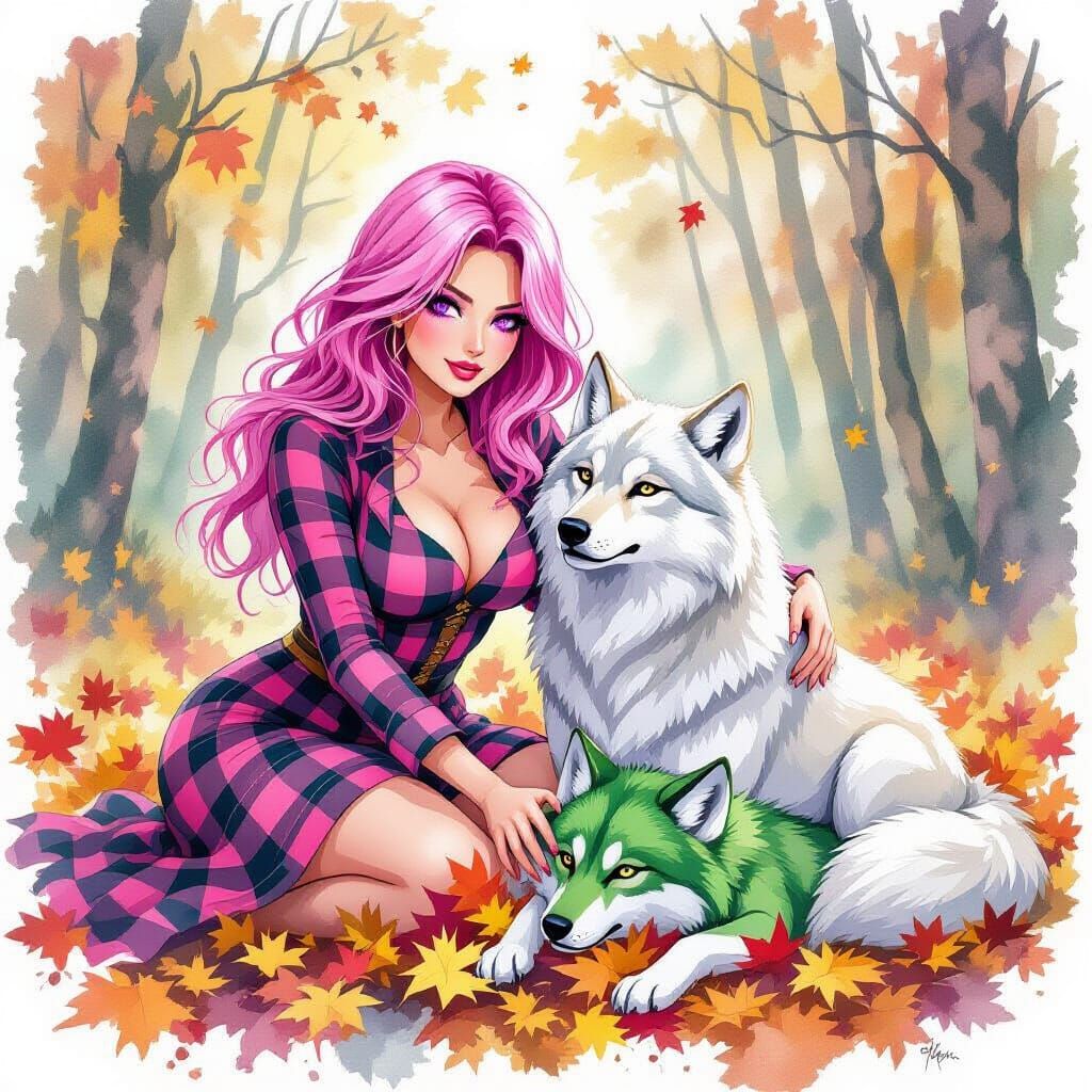 Pink Haired Woman and White Wolf Play in Leaves