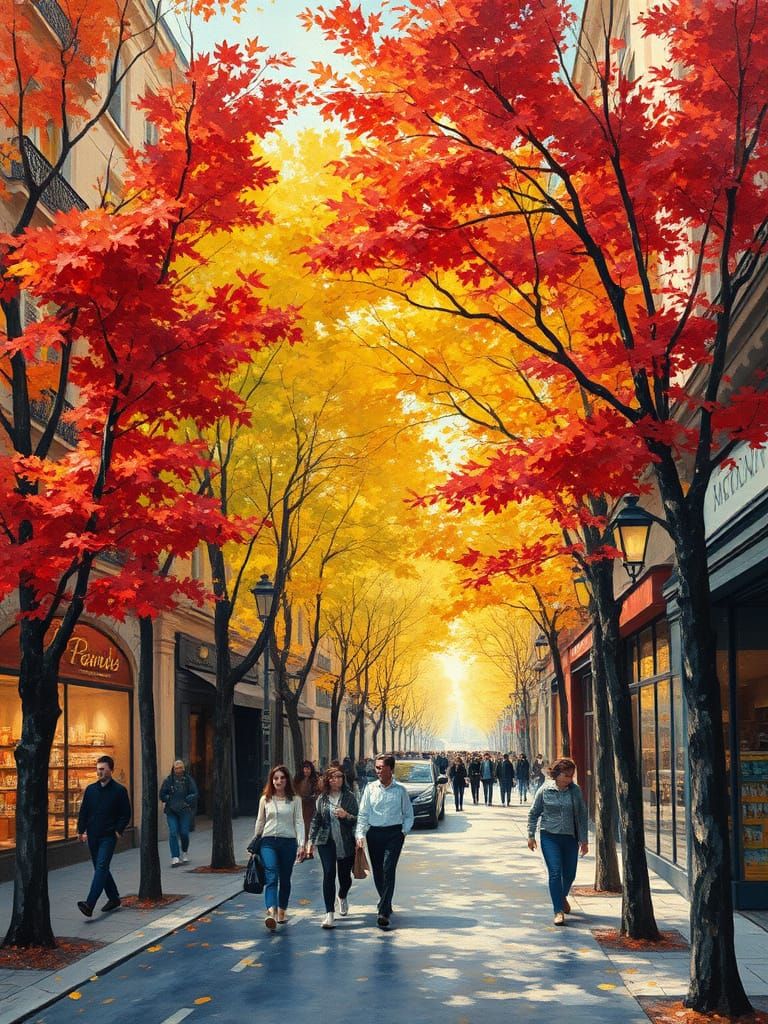 Parisian Street Scene in Autumn, Impressionist Watercolor