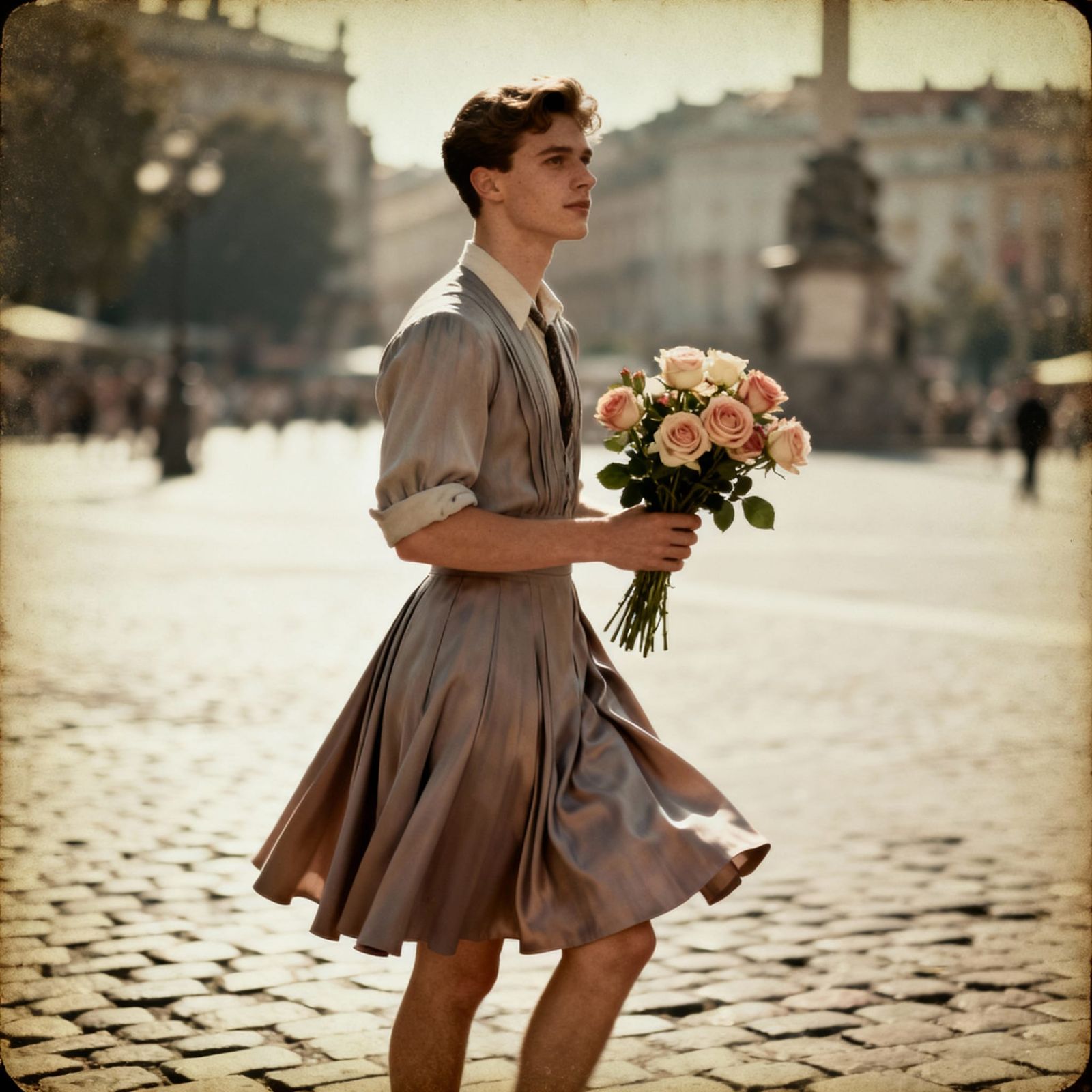 Vintage Postcard: Man in 1940s Minidress with Roses