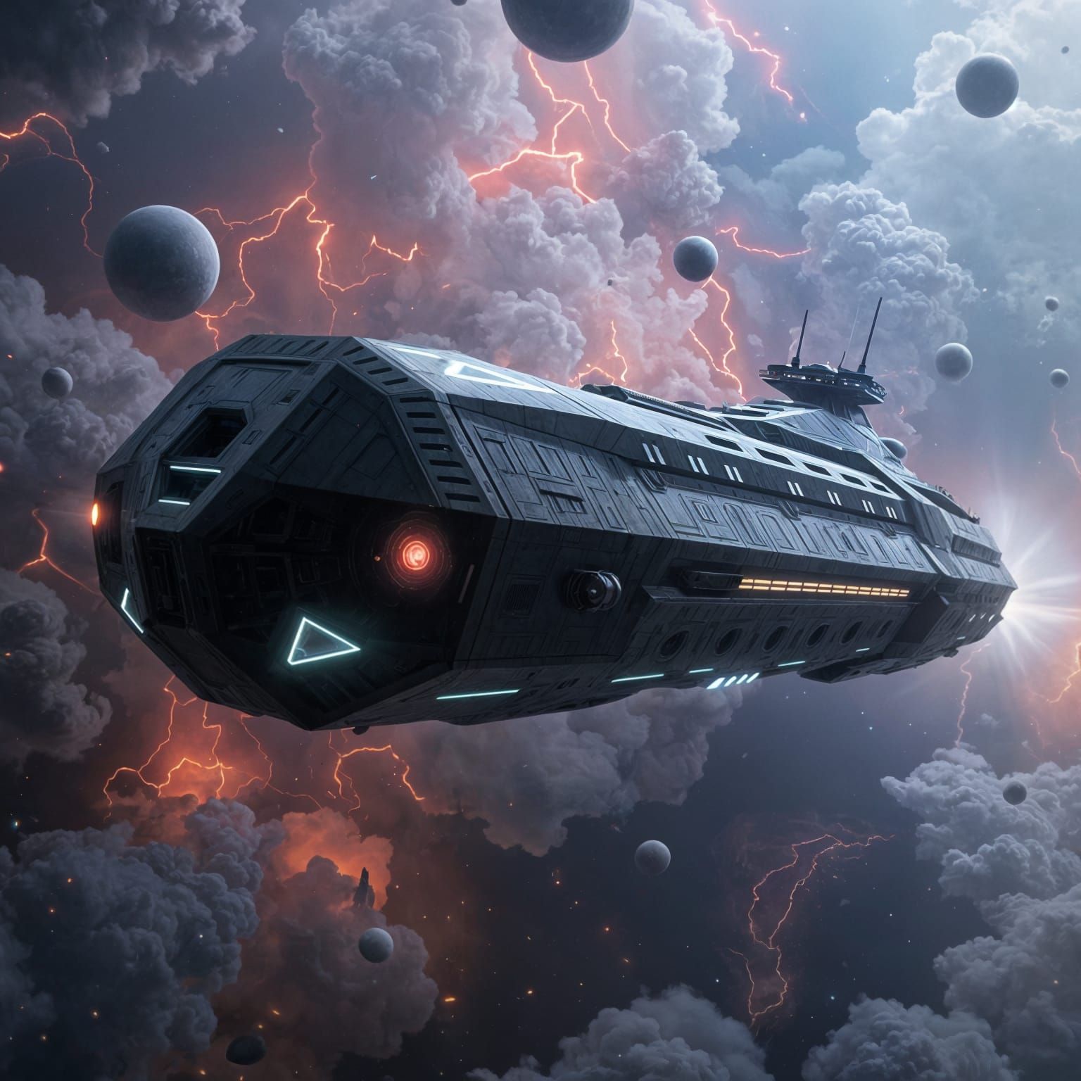 Futuristic Spaceship Destroyer Slices Through Nebula